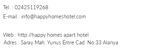 Happy Homes Apart Hotel telefon numaralar, faks, e-mail, posta adresi ve iletiim bilgileri
